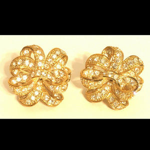 Romar Quality Signed Earrings Vintage Bow Rhinestones Clip-On Gold Tone